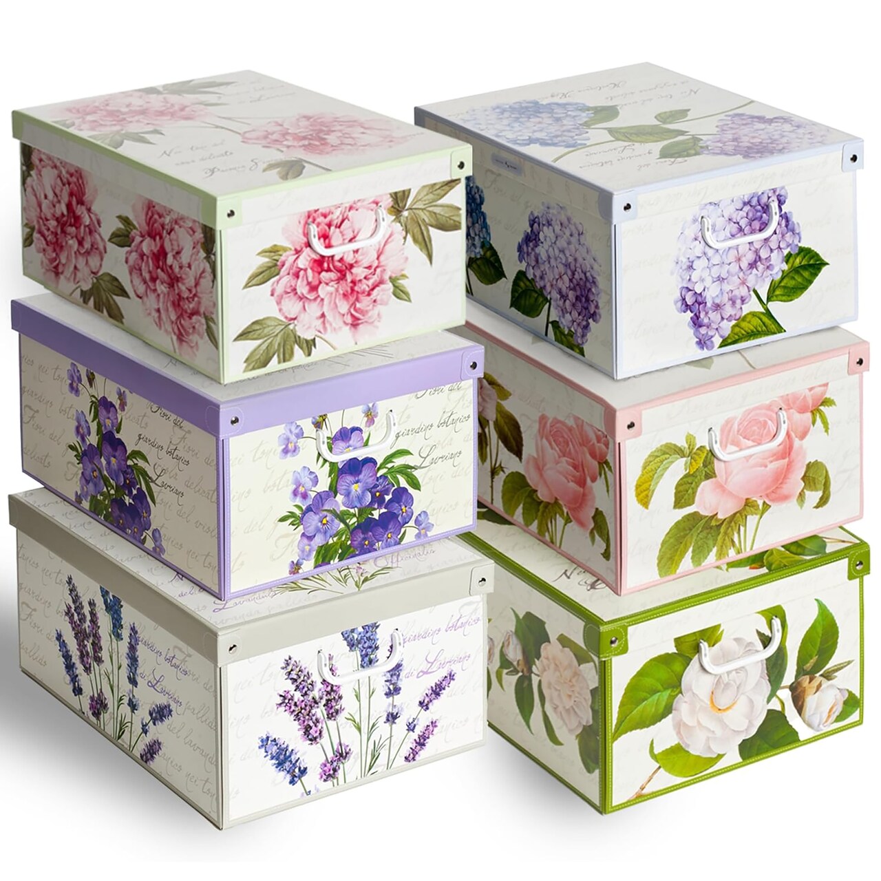 Lavatelli: Storage Box 6 Pack: Large - Flower Mix - Lid & Handles, Decorative Cardboard Organizer, Stack-Fold, Home-Clothes-Linens, 19.7 x 15.4 x 9.4"
